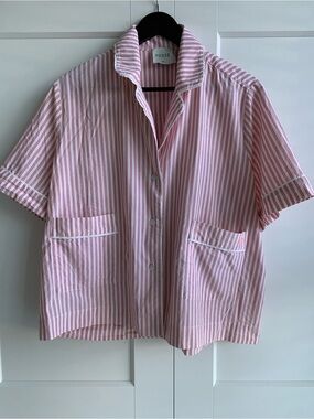 Posse Pink & White Striped Short Sleeve Button Sleep Shirt Size XXS Oversized